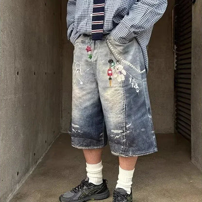 Baggy Y2K Accessories Graphic Print Denim Shorts Jorts