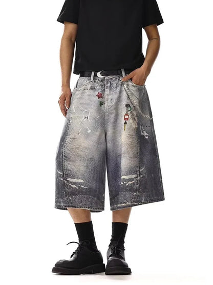 Baggy Y2K Accessories Graphic Print Denim Shorts Jorts