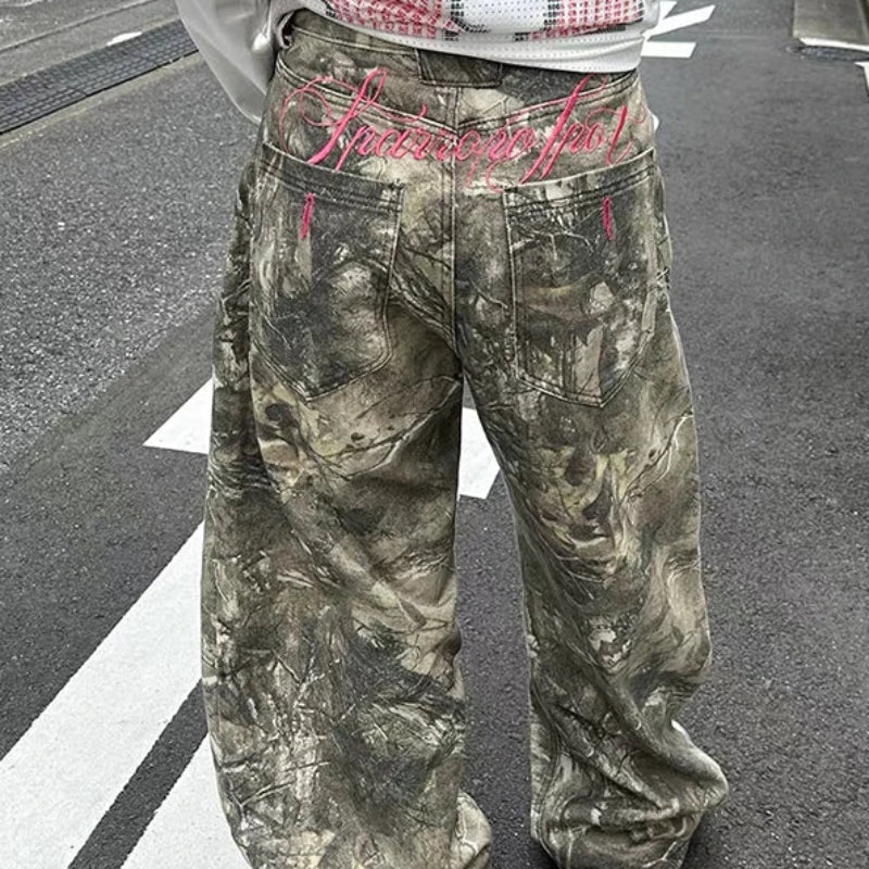 Baggy Y2K Pink Embroidered Camouflage Jeans
