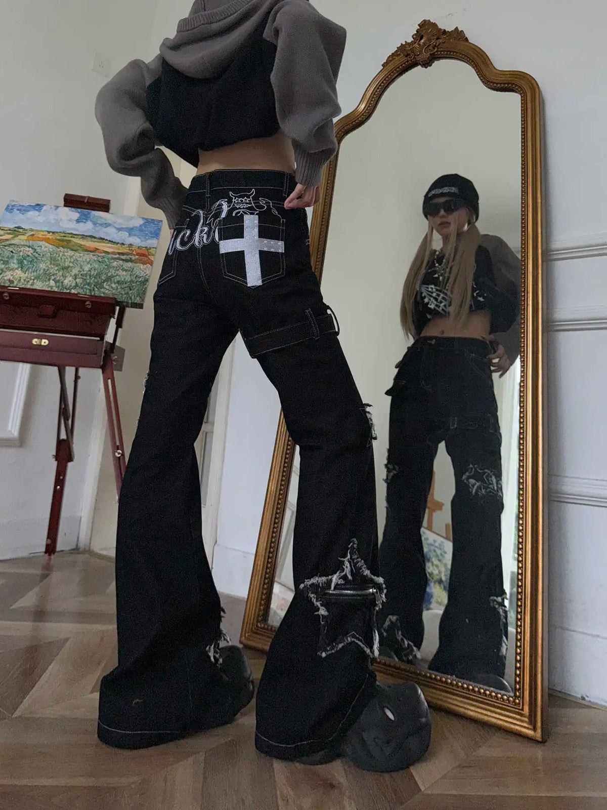 Black Skinny Y2K Low Rise Flared Denim Cargo Jeans