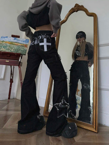 Black Skinny Y2K Low Rise Flared Denim Cargo Jeans