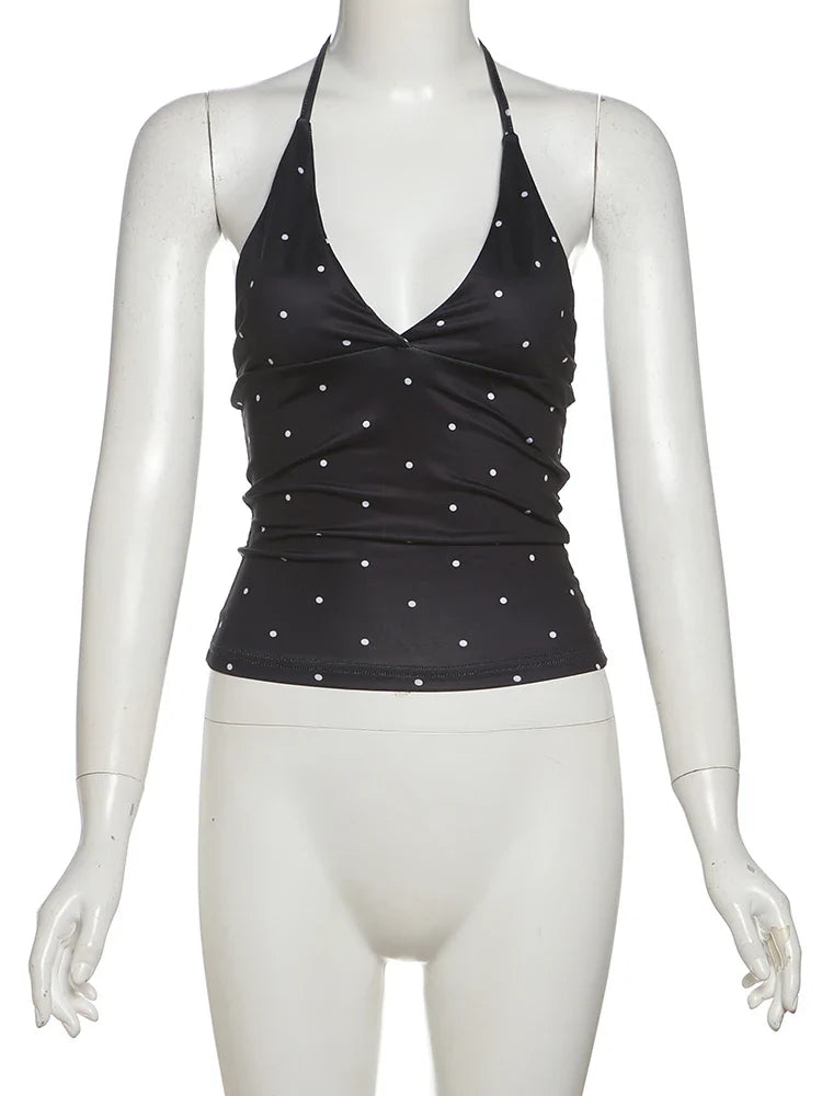 Black Y2K Polka Dot Halter Low Cut Tank Tops