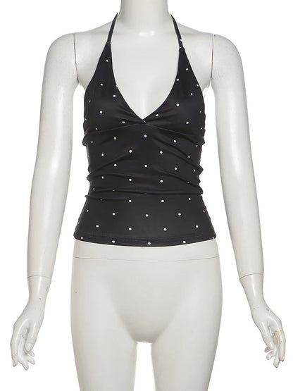 Black Y2K Polka Dot Halter Low Cut Tank Tops