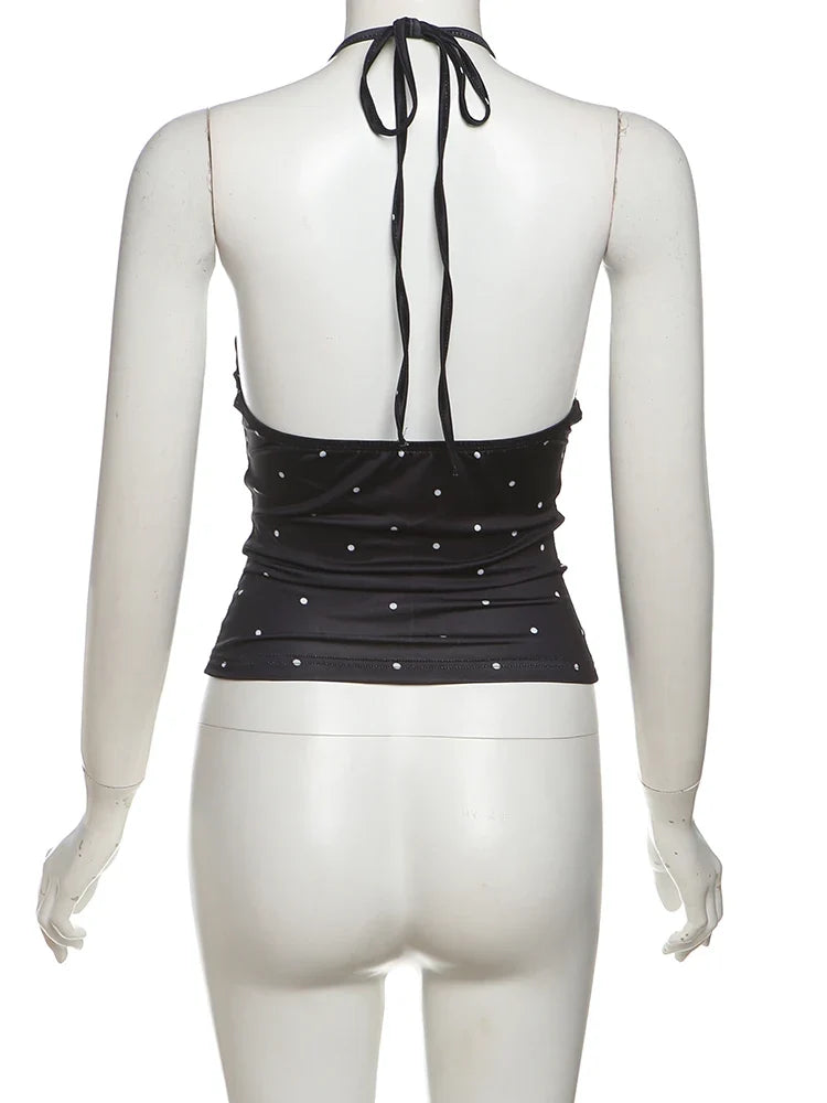 Black Y2K Polka Dot Halter Low Cut Tank Tops