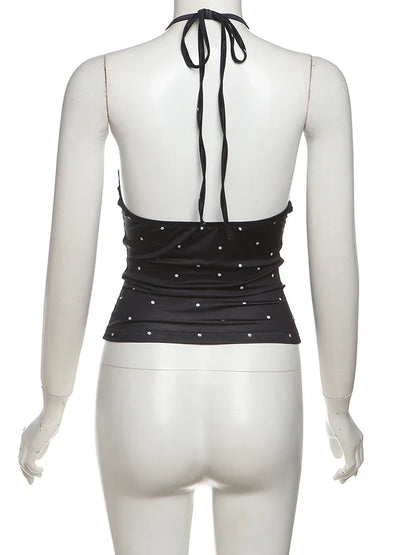Black Y2K Polka Dot Halter Low Cut Tank Tops