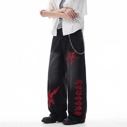 Black Y2K Red Shuriken Thorn Embroidered Graphic Baggy Jeans