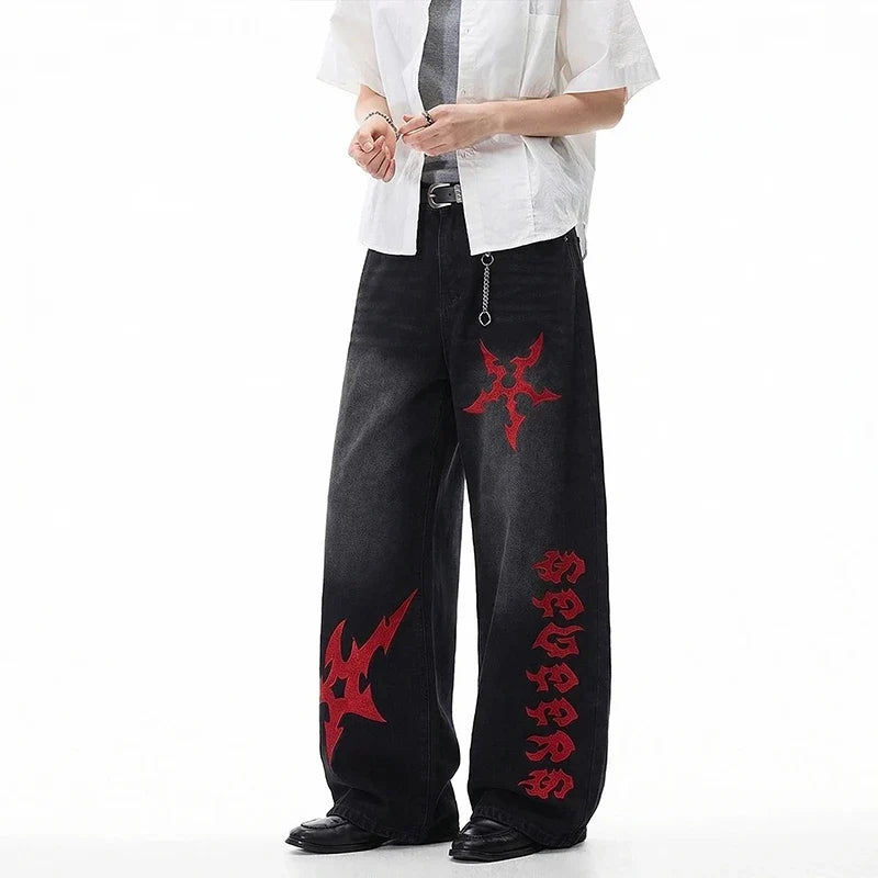 Black Y2K Red Shuriken Thorn Embroidered Graphic Baggy Jeans