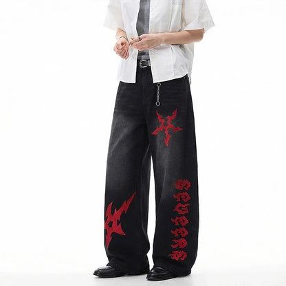Black Y2K Red Shuriken Thorn Embroidered Graphic Baggy Jeans