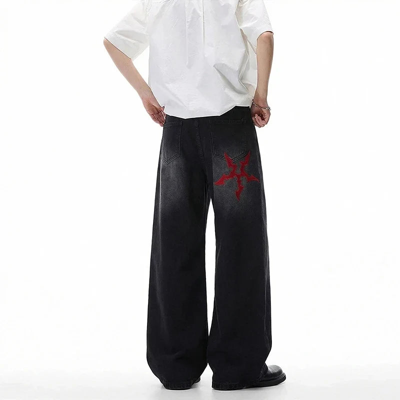 Black Y2K Red Shuriken Thorn Embroidered Graphic Baggy Jeans