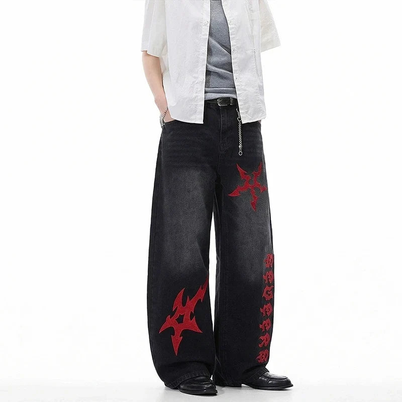 Black Y2K Red Shuriken Thorn Embroidered Graphic Baggy Jeans