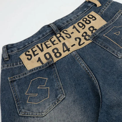 Blue Y2K Embroidered Patchwork Baggy Barrel