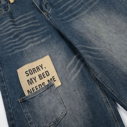 Blue Y2K Embroidered Patchwork Baggy Barrel