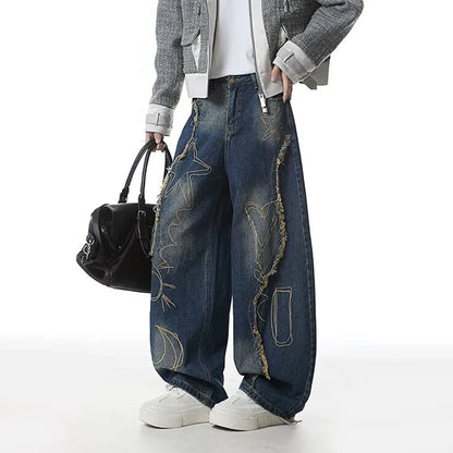 Blue Y2K Raw Edge Embroidered Graphic Baggy Jeans
