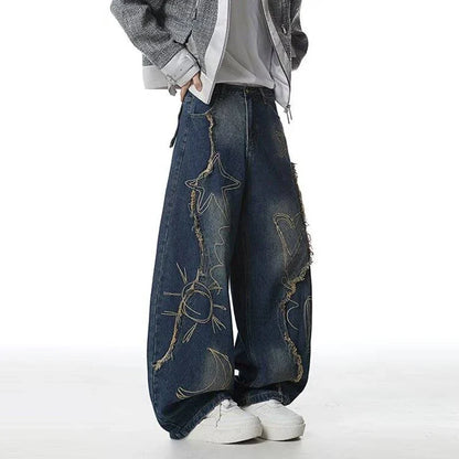 Blue Y2K Raw Edge Embroidered Graphic Baggy Jeans