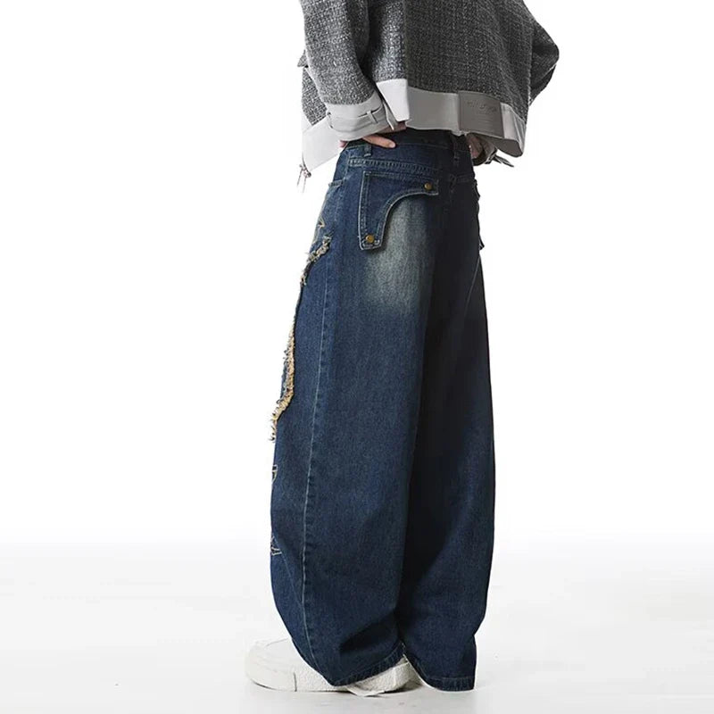 Blue Y2K Raw Edge Embroidered Graphic Baggy Jeans