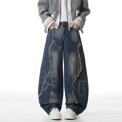 Blue Y2K Raw Edge Embroidered Graphic Baggy Jeans