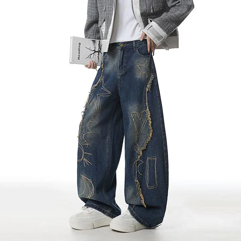 Blue Y2K Raw Edge Embroidered Graphic Baggy Jeans