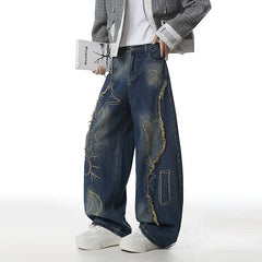 Blue Y2K Raw Edge Embroidered Graphic Baggy Jeans