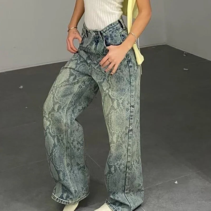 Chic Snake Print Graphic Y2K High Waist Baggy Jeans