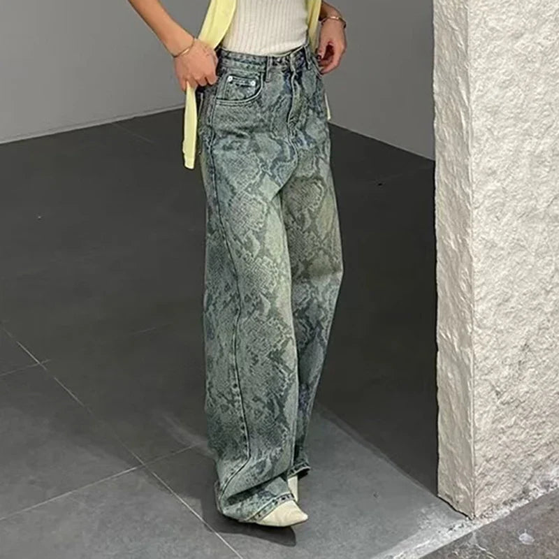 Chic Snake Print Graphic Y2K High Waist Baggy Jeans