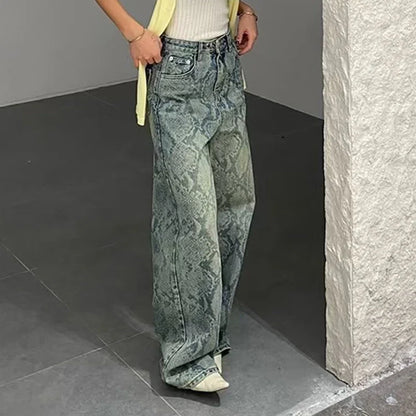 Chic Snake Print Graphic Y2K High Waist Baggy Jeans