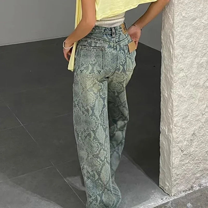 Chic Snake Print Graphic Y2K High Waist Baggy Jeans