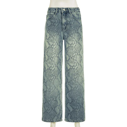 Chic Snake Print Graphic Y2K High Waist Baggy Jeans