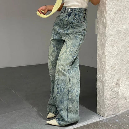 Chic Snake Print Graphic Y2K High Waist Baggy Jeans