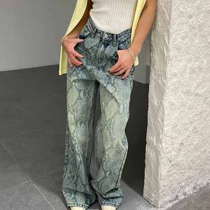 Chic Snake Print Graphic Y2K High Waist Baggy Jeans