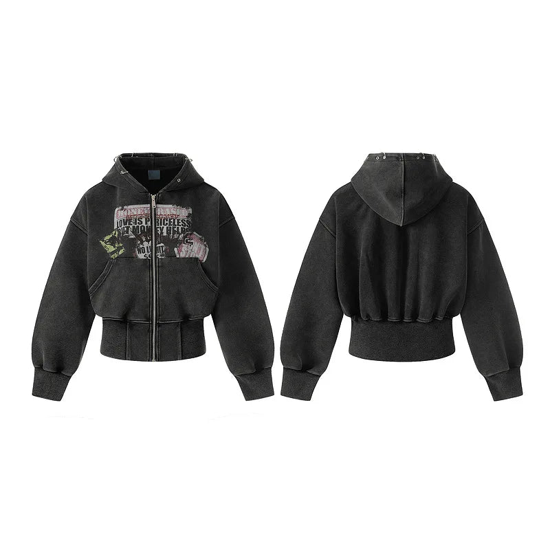 Cropped Y2K Graphic Washed Old Zip Up Hoodie