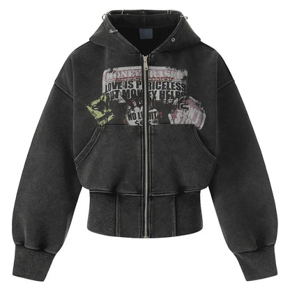 Cropped Y2K Graphic Washed Old Zip Up Hoodie