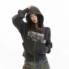 Cropped Y2K Graphic Washed Old Zip Up Hoodie