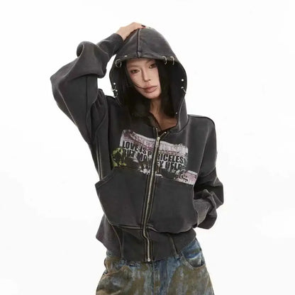 Cropped Y2K Graphic Washed Old Zip Up Hoodie