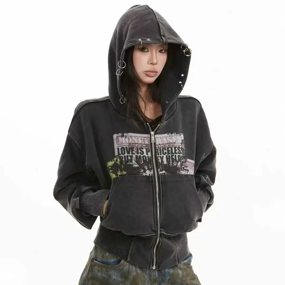 Cropped Y2K Graphic Washed Old Zip Up Hoodie