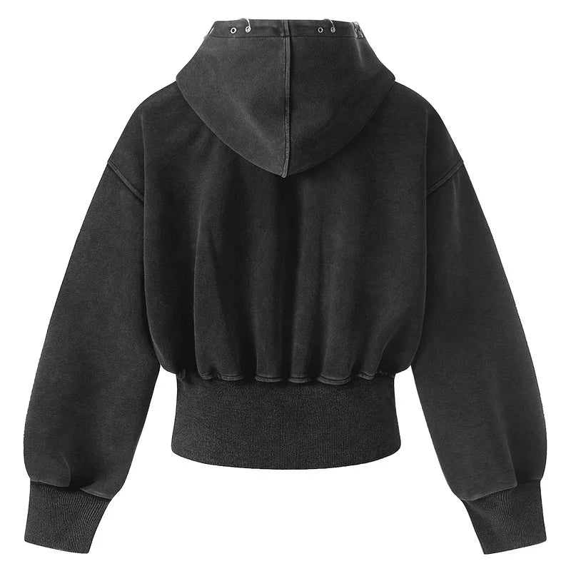 Cropped Y2K Graphic Washed Old Zip Up Hoodie