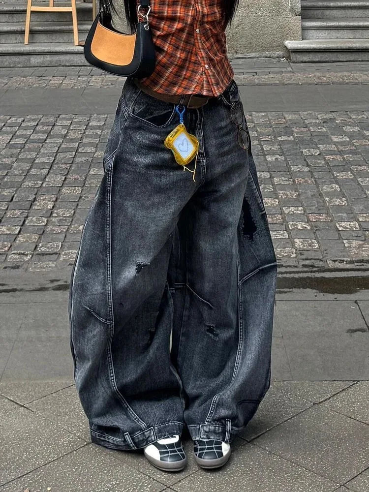 Dark Y2K High Waisted Baggy Barrel Jeans
