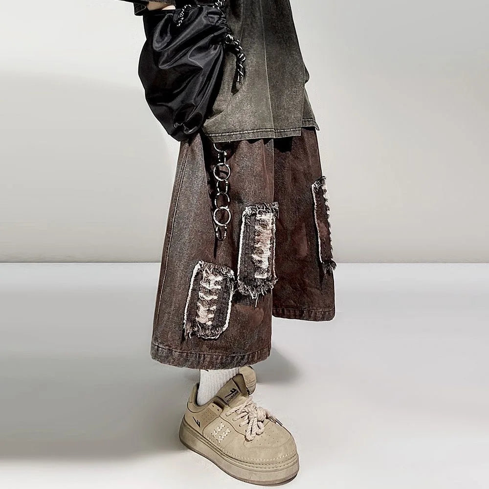 Distressed Wide Leg Y2K Dirty Grunge Baggy Denim Shorts Jorts