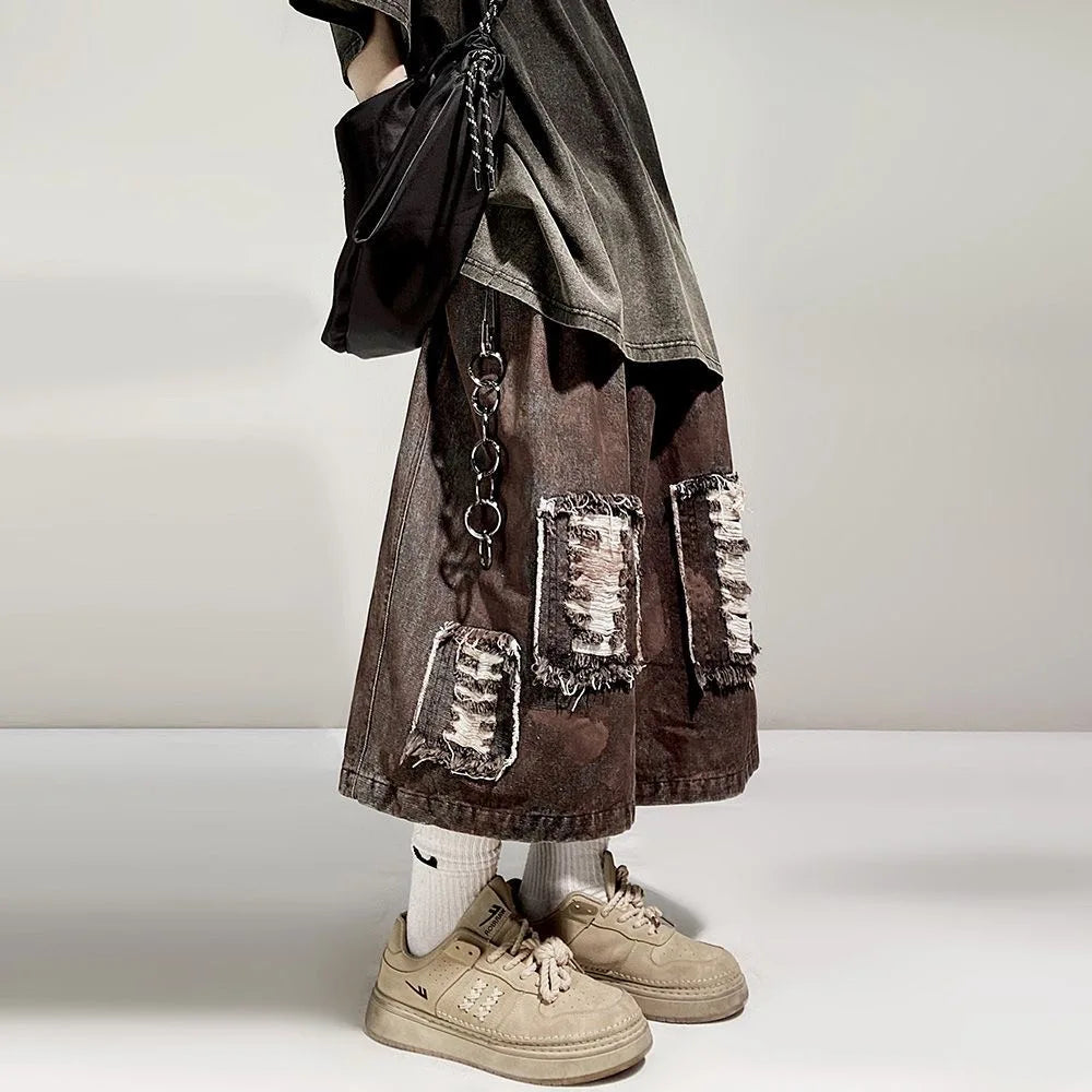 Distressed Wide Leg Y2K Dirty Grunge Baggy Denim Shorts Jorts