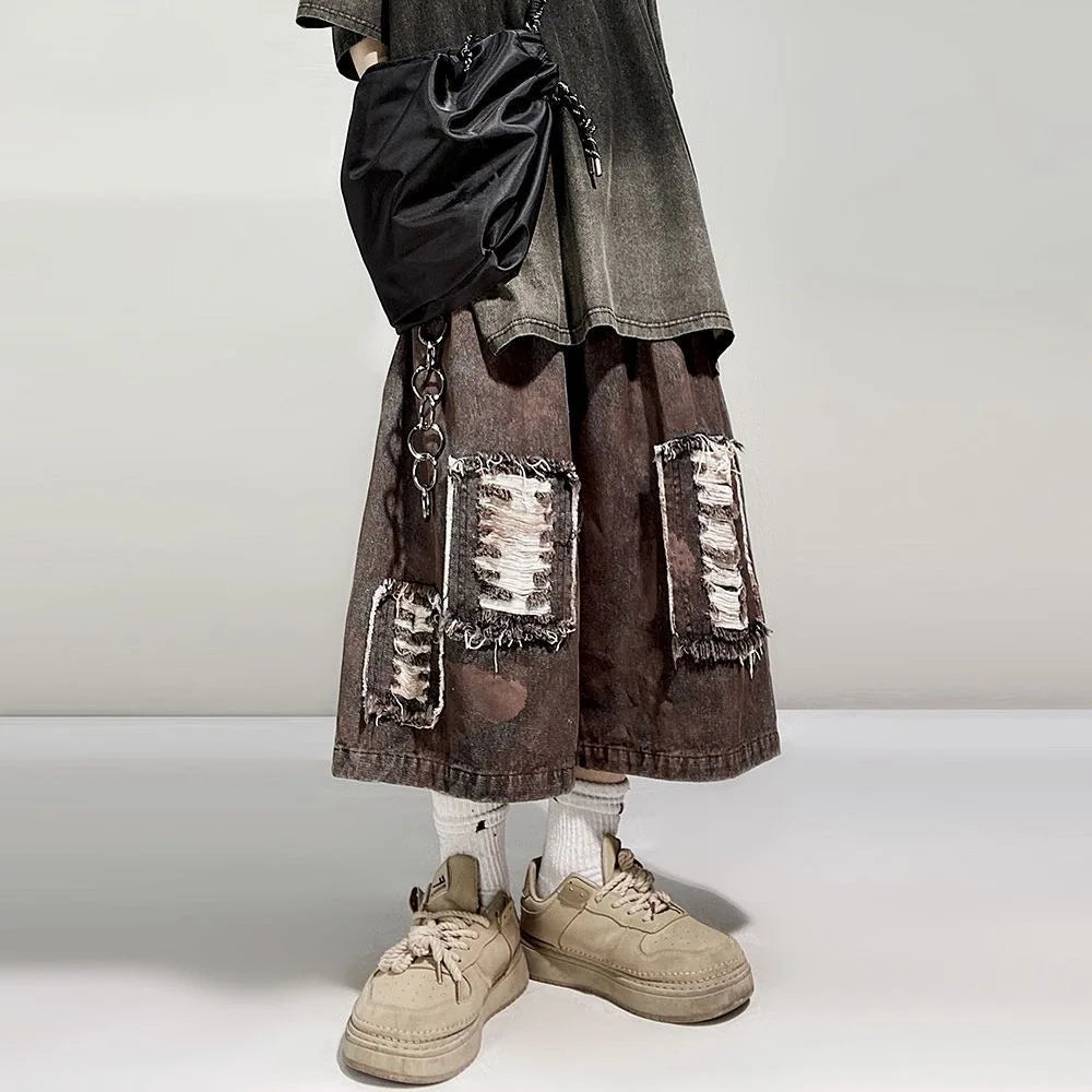Distressed Wide Leg Y2K Dirty Grunge Baggy Denim Shorts Jorts