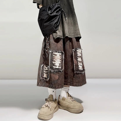 Distressed Wide Leg Y2K Dirty Grunge Baggy Denim Shorts Jorts