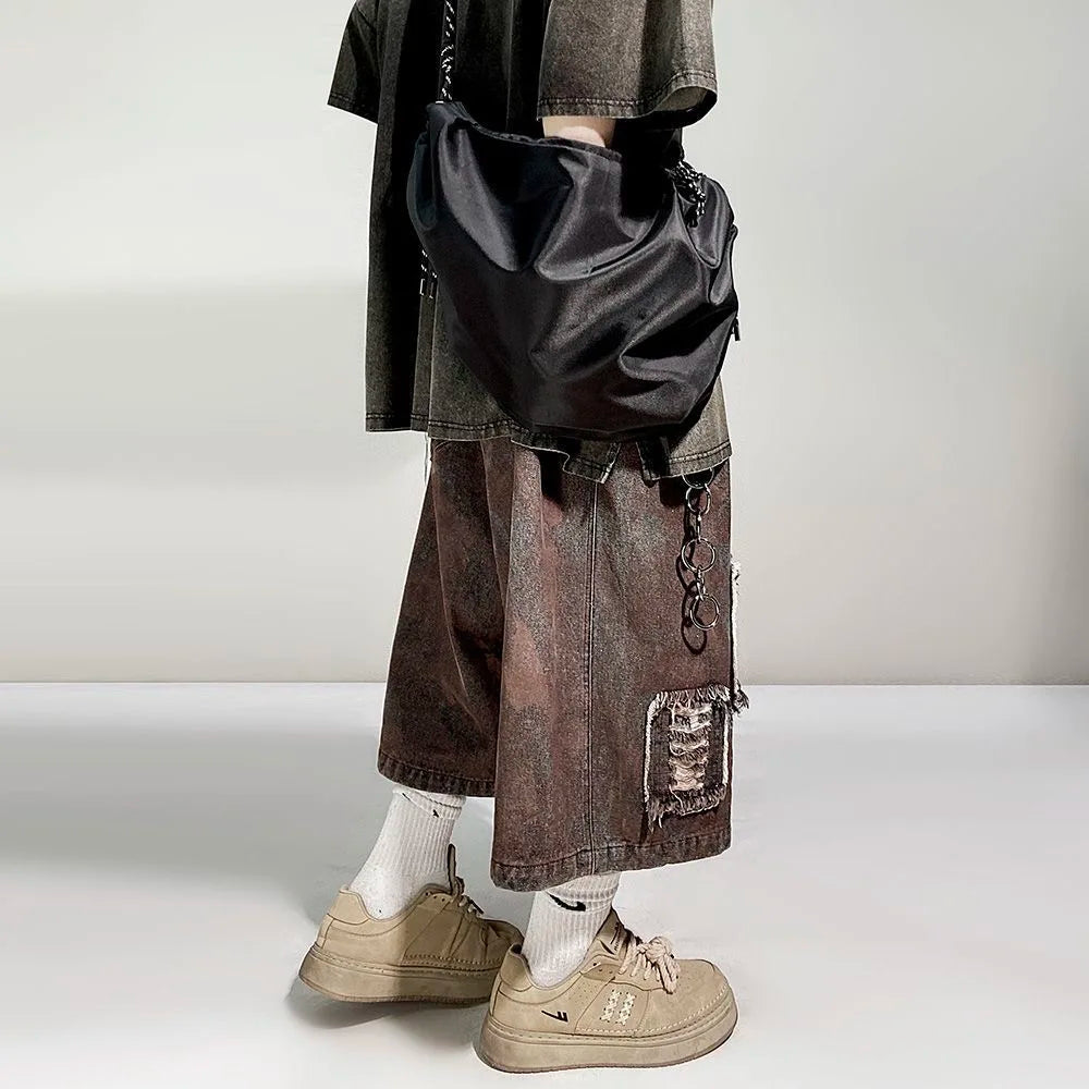 Distressed Wide Leg Y2K Dirty Grunge Baggy Denim Shorts Jorts