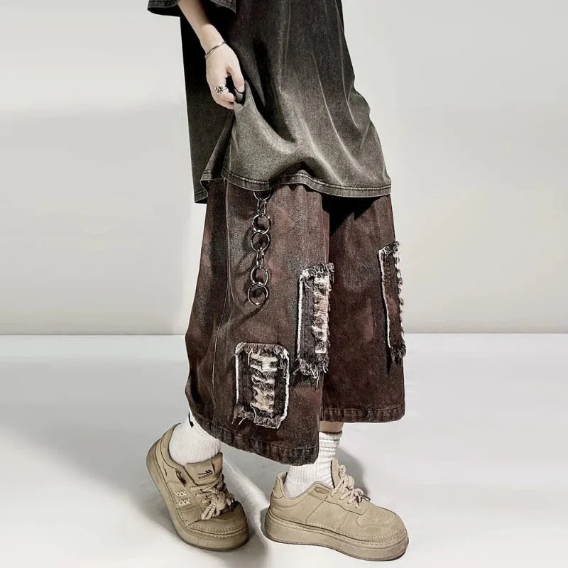 Distressed Wide Leg Y2K Dirty Grunge Baggy Denim Shorts Jorts