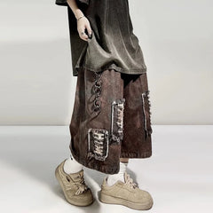 Distressed Wide Leg Y2K Dirty Grunge Baggy Denim Shorts Jorts
