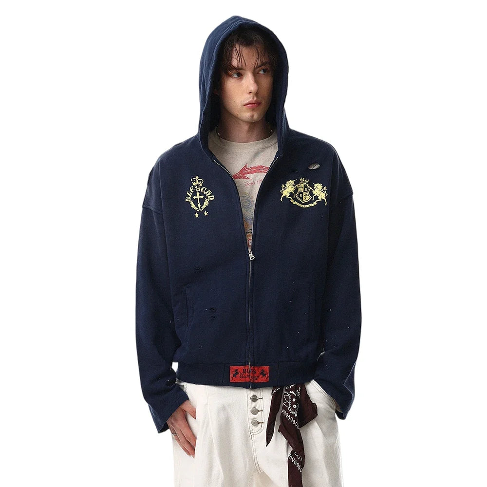 Distressed Y2K Graphic Print Ripped Zip Up Hoodie