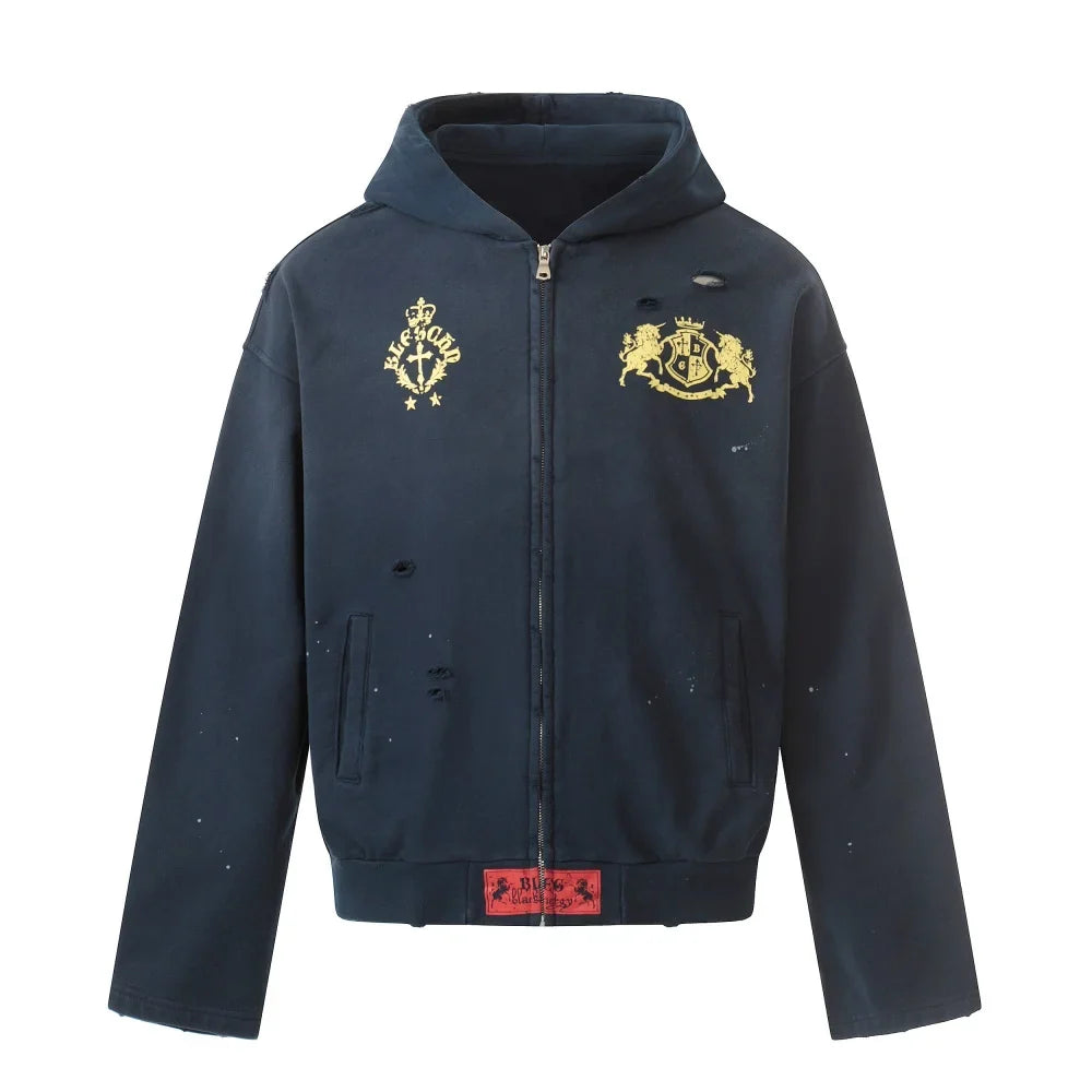 Distressed Y2K Graphic Print Ripped Zip Up Hoodie