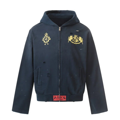 Distressed Y2K Graphic Print Ripped Zip Up Hoodie