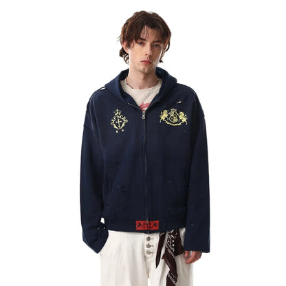 Distressed Y2K Graphic Print Ripped Zip Up Hoodie