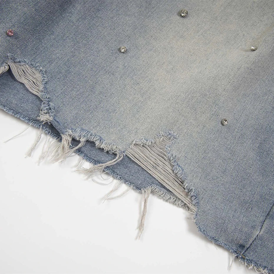 Distressed Y2K Rhinestone Studded Denim Shorts Jorts
