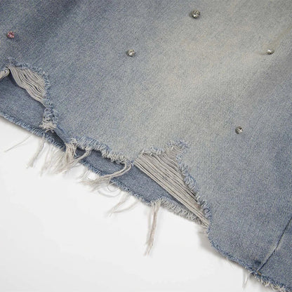 Distressed Y2K Rhinestone Studded Denim Shorts Jorts