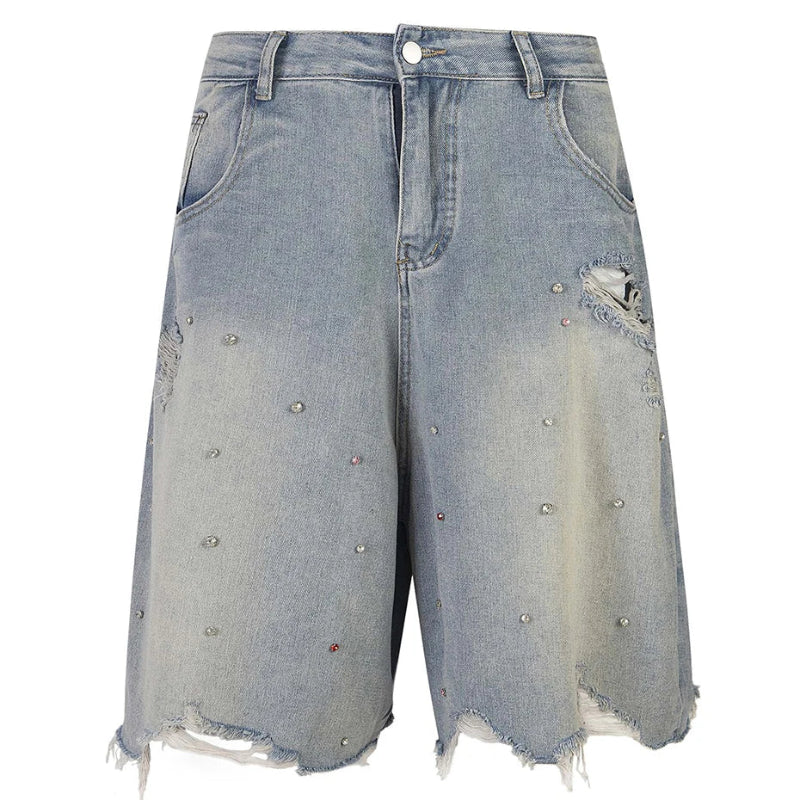 Distressed Y2K Rhinestone Studded Denim Shorts Jorts